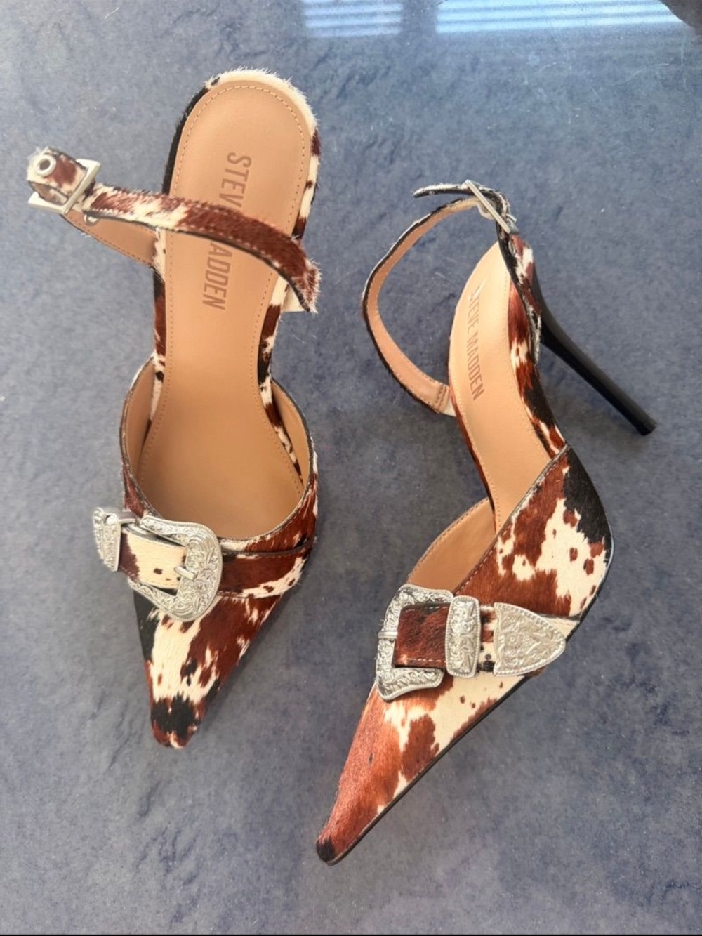 Steve Madden Brown White Cowhide Pointed Slingback Heel Silver Buckle Delilah
